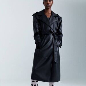 PULL & BEAR Faux Leather Black Trench Coat Size XS NWT